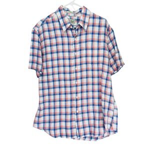 LL Bean 100% Linen Shirt Mens Large Pink Blue Check Button Up Slightly Fitted